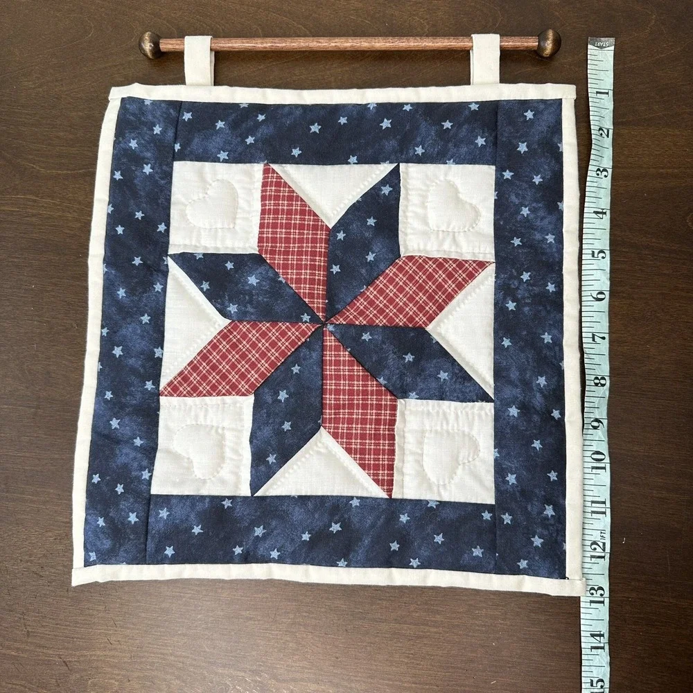 Handmade Quilt Wall Hanging Folk Americana Star Country Barn Red Blue Quilted
